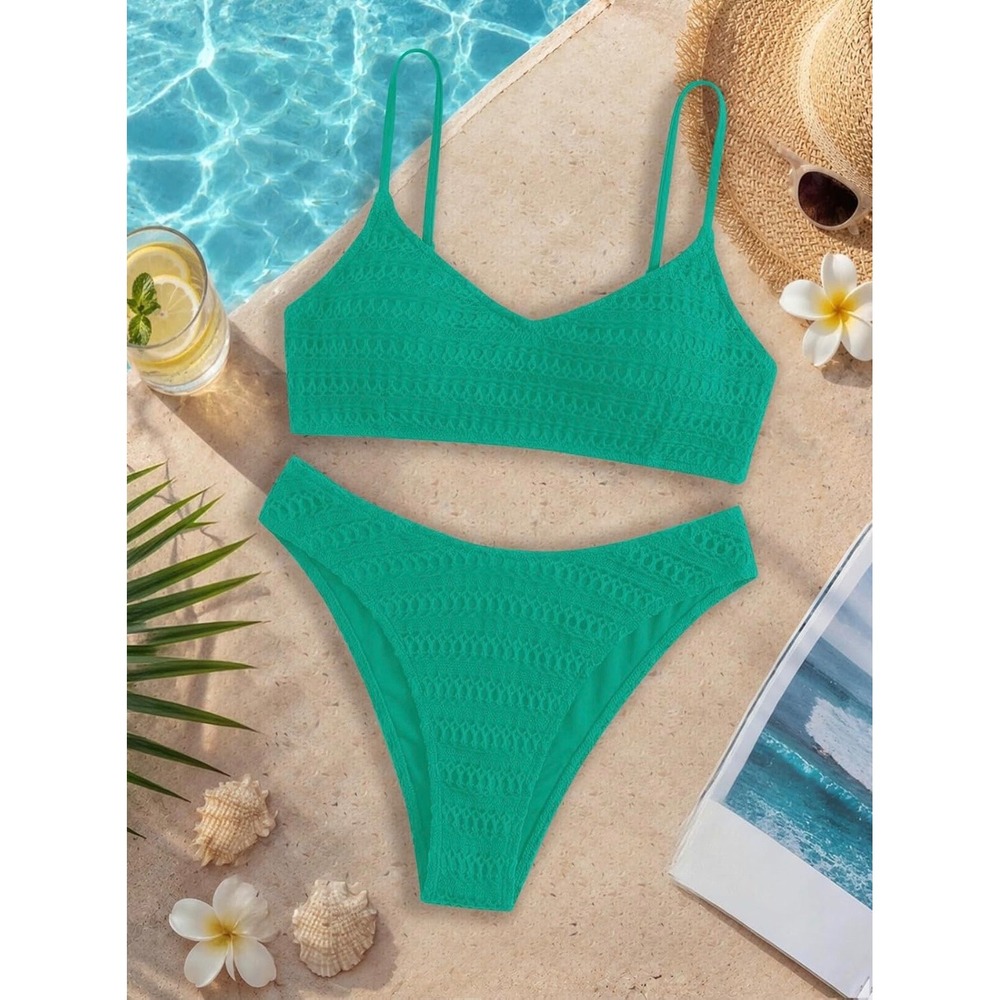 MIKETAI Bikini Swimsuit Women Medium Green Textured Cheeky 2 Piece Set